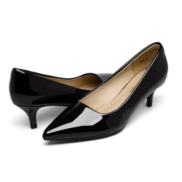 Kitten Heel Pointed Toe Pumps - BLACK PAT - 3
